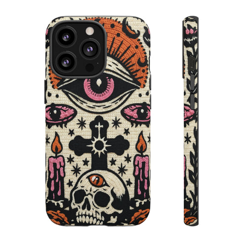 Gothic Faux Crochet Phone Case - Whimsigoth Evil Eye Skull Cover