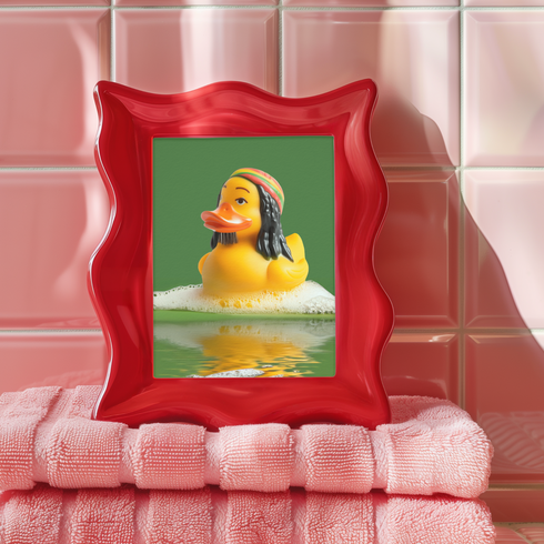 A fine art print of a rubber duck inspired by Marley, featuring black dreadlocks and a red-yellow-green beanie. The duck floats in bath bubbles with its reflection in green-tinted water. Displayed in a white and red frame on a soap-covered shelf in a bold red tile bathroom with a lightning-bolt soap dispenser.