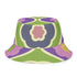 Reversible bucket hat shown on a white background with two distinct prints. One side is a flowing oceanic abstract with lilac and teal wavy stripes, mint green dots, and a royal blue base. The reverse is a retro mod geometric floral in dusty rose and muted purple petals outlined in cream and olive green. The hat has a structured flat crown, a downward sloping brim with visible stitching, and a textured woven finish. Maximalist art nouveau reversible bucket hat and psychedelic festival sun hat for quirky dop