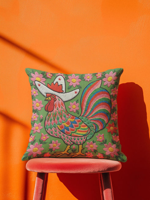 Square throw pillow cover with a printed faux embroidery design of a rooster wearing a white cowboy hat with red stars on a grass green background. The western chicken has a red comb and wattle, yellow beak and feet, and layered feathers in pink, green, orange, blue, and yellow with a rainbow striped tail. Pink and red flowers with yellow centers frame the bird. The stitched look is a flat 2D print on a smooth linen feel polyester cover with a hidden zipper, not raised embroidery.