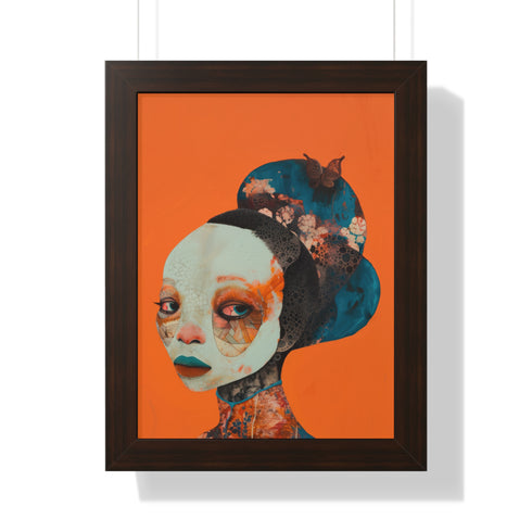 Avant-garde digital portrait of an African woman with striking features against a vivid orange background. An elaborate headdress of dark, floral elements creates a stunning contrast, embodying surrealist themes and African cultural motifs.