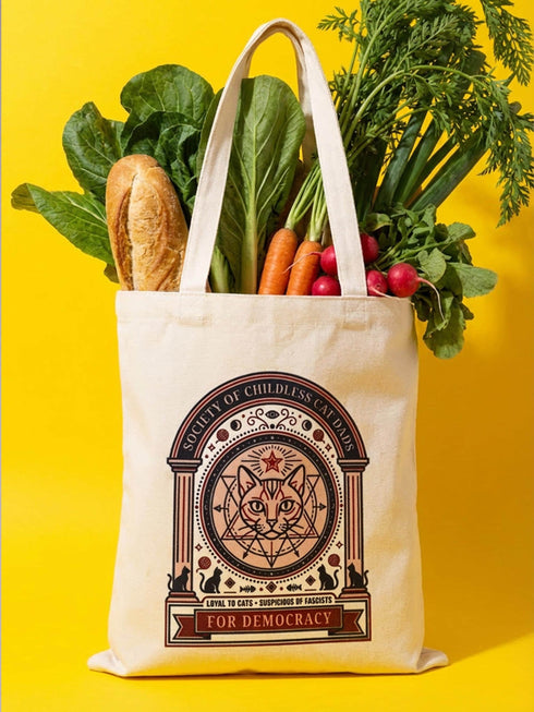 A beige canvas tote bag featuring a vintage-style circular crest design in rust orange and black. The text reads "Society of Childless Cat Dads" in an arch over a central illustration of a tabby cat face inside a geometric star and hexagon symbol. Below the cat, the text reads "Loyal to Cats, Suspicious of Fascists." A banner at the bottom reads "For Democracy." The design features occult and whimsigoth elements like crescent moons, columns, and fish bones.