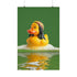 A fine art print of a rubber duck inspired by Marley, featuring black dreadlocks and a red-yellow-green beanie. The duck floats in bath bubbles with its reflection in green-tinted water. Displayed in a white and red frame on a soap-covered shelf in a bold red tile bathroom with a lightning-bolt soap dispenser.