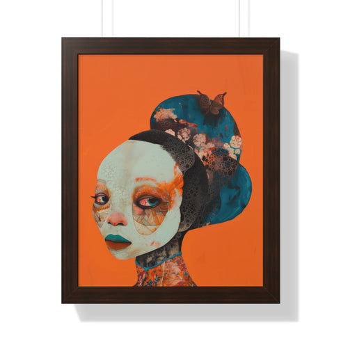 Avant-garde digital portrait of an African woman with striking features against a vivid orange background. An elaborate headdress of dark, floral elements creates a stunning contrast, embodying surrealist themes and African cultural motifs.