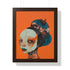 Avant-garde digital portrait of an African woman with striking features against a vivid orange background. An elaborate headdress of dark, floral elements creates a stunning contrast, embodying surrealist themes and African cultural motifs.