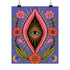 A vertical art print featuring a central pink yoni shape with a black interior containing a single eye. Golden yellow sun rays radiate from the center against a solid periwinkle blue purple background. The central motif is surrounded by a symmetrical botanical border of pink and red daisy flowers and green leaves, with two yellow crescent moons in the bottom corners. Printed on flat museum grade matte paper. This is the printed artwork only; a frame is not included. Ready to frame.