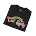 An election 2024 t-shirt with a colorful retro-style graphic that reads "Childless Cat Lady" across the chest. The text is in a playful, curvy font with each word in a different color - "Childless" in yellow-green, "Cat" in pink, and "Lady" in purple. Small cat face icons are incorporated into the letters 'a' in "Cat" and "Lady".