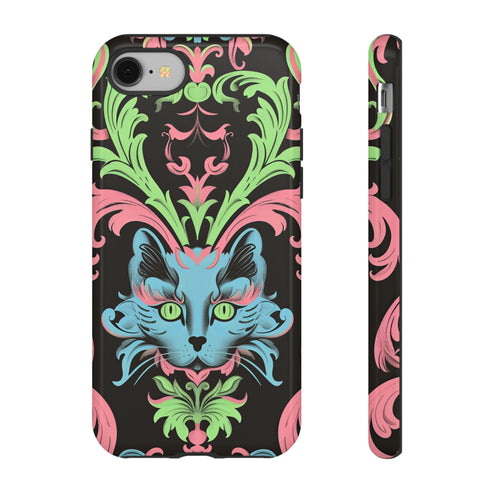 Phone case featuring baroque-style blue cat with green eyes surrounded by mint green foliage and pink flourishes on black background, Victorian-inspired desig