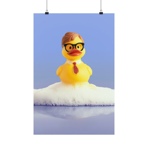 A humorous fine art print of a rubber duck modeled after Dwight Schrute, complete with glasses, mustard tie, and serious expression. Floating in soap suds, the print is framed above a retro bed with bold orange flower wallpaper and bright accent pillows.