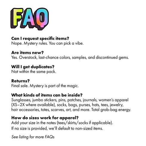 A curated alternative style bundle from Honey Dazed, available as a mystery box gift for her. This aesthetic grab bag is personalized to a chosen vibe, such as goth and pretty, psychedelic groovy, maximalist mayhem, alt skater gremlin, or weirdcore. Each surprise pack contains a high-value assortment of unique items like women's apparel, accessories, jumbo stickers, enamel pins, patches, and alternative home decor. Perfect as a birthday gift, a personalized care package, or a surprise box.