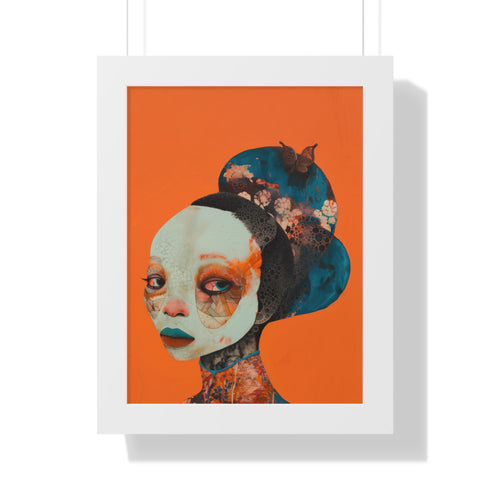 Avant-garde digital portrait of an African woman with striking features against a vivid orange background. An elaborate headdress of dark, floral elements creates a stunning contrast, embodying surrealist themes and African cultural motifs.