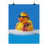 A quirky art print of a rubber duck styled after The Dude from The Big Lebowski, complete with a goatee, sunglasses, and plaid bathrobe. The duck lounges in bubbles, framed in a glossy red frame, with a manicured hand adjusting it against a monochromatic red backdrop.