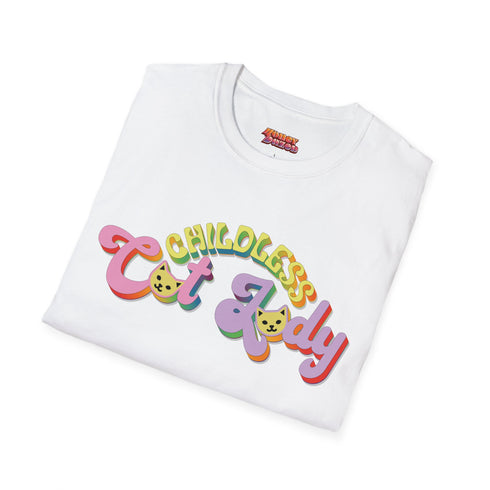 An election 2024 t-shirt with a colorful retro-style graphic that reads "Childless Cat Lady" across the chest. The text is in a playful, curvy font with each word in a different color - "Childless" in yellow-green, "Cat" in pink, and "Lady" in purple. Small cat face icons are incorporated into the letters 'a' in "Cat" and "Lady".