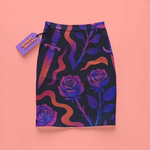 High-waisted mini skirt with dark botanical print featuring violet roses, fiery orange daggers, and swirling ribbon-like accents on a black background. Form-fitting silhouette with stretch eco-poly fabric and elastic waistband. Available in metallic glitter or smooth finish. A bold look for gothic, witchy, or alternative festival fashion.