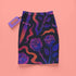 High-waisted mini skirt with dark botanical print featuring violet roses, fiery orange daggers, and swirling ribbon-like accents on a black background. Form-fitting silhouette with stretch eco-poly fabric and elastic waistband. Available in metallic glitter or smooth finish. A bold look for gothic, witchy, or alternative festival fashion.