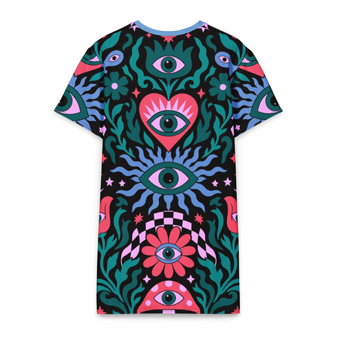 A short-sleeve, above-the-knee t-shirt dress with a true black background. The front features a vibrant, vertically stacked symmetrical graphic design. From top to bottom, the design includes a pink heart containing a green and blue eye, a large blue sunburst with a central eye, a red daisy flower with an eye flanked by pink and black checkered arches, and a pink mushroom cap with an eye. Swirling emerald green foliage, pink stars, and purple stars fill the negative space around the motifs.