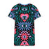 A short-sleeve, above-the-knee t-shirt dress with a true black background. The front features a vibrant, vertically stacked symmetrical graphic design. From top to bottom, the design includes a pink heart containing a green and blue eye, a large blue sunburst with a central eye, a red daisy flower with an eye flanked by pink and black checkered arches, and a pink mushroom cap with an eye. Swirling emerald green foliage, pink stars, and purple stars fill the negative space around the motifs.
