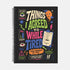 A black hardcover undated planner with black wire spiral binding. The front cover displays a bold, colorful typographic layout reading: "THINGS I AGREED TO WHILE TIRED". Surrounding text includes "LATE-NIGHT DECISIONS VOLUME 1", "ZERO MEMORY OF THIS.", and "A PRACTICAL GUIDE TO POOR TIMING." The back cover reads "INSIDE THIS DEEPLY SUSPICIOUS VOLUME:" above five colored banner rows detailing space for plans, notes for spirals, room for lists, daily proof time is fake, and a paper trail of mistakes.