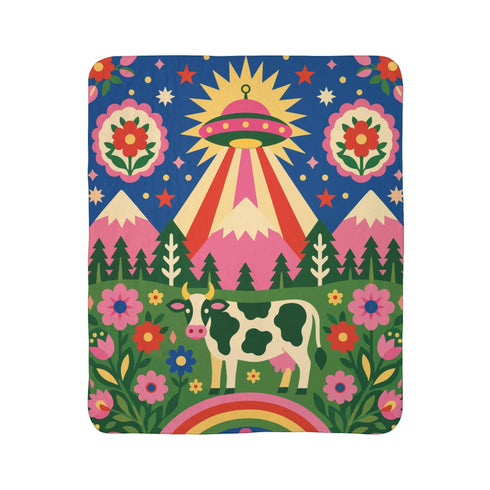 A rectangular velveteen minky blanket with a bright, maximalist design. The top half features a vibrant blue sky with a pink, green, and yellow UFO beaming rays down over hot pink snow-capped mountains. The bottom half shows a grassy green field with a white cow covered in dark spots, surrounded by large, colorful red, pink, and blue retro flowers, pine trees, and a rainbow arch at the very bottom. The reverse side is a fluffy off-white sherpa.