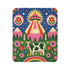 A rectangular velveteen minky blanket with a bright, maximalist design. The top half features a vibrant blue sky with a pink, green, and yellow UFO beaming rays down over hot pink snow-capped mountains. The bottom half shows a grassy green field with a white cow covered in dark spots, surrounded by large, colorful red, pink, and blue retro flowers, pine trees, and a rainbow arch at the very bottom. The reverse side is a fluffy off-white sherpa.