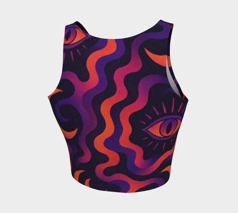 Cropped tank top with psychedelic purple and coral swirling waves pattern featuring mystical third eye designs, racerback style sleeveless womens festival top with body-hugging fit for rave outfits, alternative clothing, y2k aesthetic streetwear, trippy spiritual print crop top for concerts and music festivals, black owned shops bohemian mystical shirt