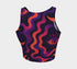 Cropped tank top with psychedelic purple and coral swirling waves pattern featuring mystical third eye designs, racerback style sleeveless womens festival top with body-hugging fit for rave outfits, alternative clothing, y2k aesthetic streetwear, trippy spiritual print crop top for concerts and music festivals, black owned shops bohemian mystical shirt