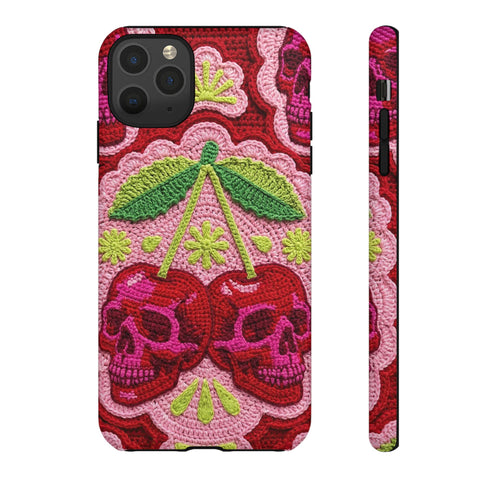 Faux Crochet Cherry Skull Phone Case | Pastel Goth Macabre Matte Cover