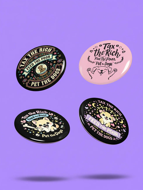 A collection of four retro-style 1.75 inch pinback buttons featuring the text "Tax the Rich" and "Pet the Dogs." Designs include: 1) A black pin with a crystal ball and gold filigree, 2) A pink pin with floral accents and a happy dog, 3) A black pin with a spooky chihuahua holding a bone, and 4) A black pin with a cute devil-horned puppy and lavender banner. High-gloss finish with psychedelic 70s typography. Perfect for battle vests or backpacks. Funny anti-capitalist dog lover gift.