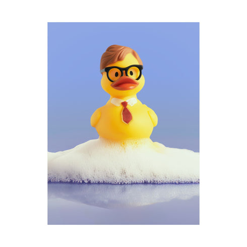 A humorous fine art print of a rubber duck modeled after Dwight Schrute, complete with glasses, mustard tie, and serious expression. Floating in soap suds, the print is framed above a retro bed with bold orange flower wallpaper and bright accent pillows.