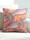 Flat printed square throw pillow cover featuring a faux embroidery texture. The vibrant maximalist design showcases stylized blue, pink, yellow, and white fish swimming in a dynamic, swirling pattern across a bright orange background. The artwork mimics heavy crewelwork yarn and stitching, but the material is a smooth 2D flat print. The pillow is shown as a finished square cover, designed to add bright, colorful eclectic fisherman aesthetic decor to any sofa or seating area.