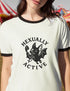 Unisex offwhite and black ringer t-shirt with a bold black graphic of a cartoon bat holding a wand, surrounded by the phrase “Hexually Active.” The design is playful, witchy, and gothic, perfect for lovers of magic, spellwork, hexes, and witch humor. The shirt features contrast collar and sleeves in black for a retro vibe.