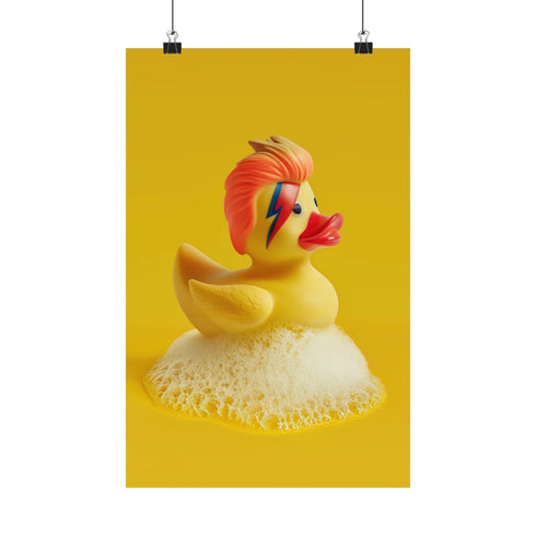 A retro-inspired print featuring a rubber duck styled after David Bowie’s Ziggy Stardust, complete with orange-red mullet and signature lightning bolt face paint. Surrounded by white bubbles, the piece is framed in soft purple and set on a wavy psychedelic wall in pink and orange.