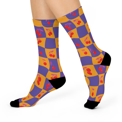 Yellow and Purple checkerboard socks with cherry print. Retro-inspired design.