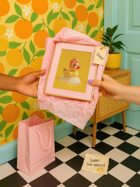 A retro-inspired print featuring a rubber duck styled after David Bowie’s Ziggy Stardust, complete with orange-red mullet and signature lightning bolt face paint. Surrounded by white bubbles, the piece is framed in soft purple and set on a wavy psychedelic wall in pink and orange.