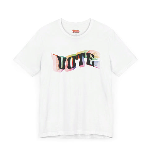 Election 2024 t-shirt with "VOTE" printed in large, colorful letters. Each letter features a different color from the rainbow spectrum, styled in a groovy 70s-inspired font.