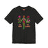Black unisex t-shirt with "MY BODY MY RIGHTS" design featuring neon green female figure filled with vibrant pink and red flowers. Feminist pro-choice shirt with colorful text, available in cotton-poly blend, sizes S-3XL.