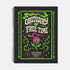 A black hardcover spiral planner shown flat on a plain background. The cover features a vibrant, coffin-shaped frame in lime green and magenta pink, bordered by thorny vines. Inside the frame, the title "Obituary of Free Time" is written in a psychedelic 70s-style font. Below the title, a pink flower with a single green eyeball at its center blooms from a thorny stem. The planner is bound with a gold metal wire-o spiral on the left side. The design has a spooky cute, gothic floral aesthetic.