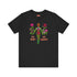 Black unisex t-shirt with "MY BODY MY RIGHTS" design featuring neon green female figure filled with vibrant pink and red flowers. Feminist pro-choice shirt with colorful text, available in cotton-poly blend, sizes S-3XL.