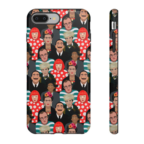 Stylish phone case with a colorful collage of iconic artists including Frida Kahlo, Warhol, Dali, and Keith Haring. Vibrant pop art design features stylized portraits on a dark background, perfect for art lovers.