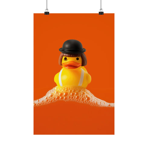 A fine art print of a rubber duck dressed like Alex from A Clockwork Orange, featuring a black bowler hat, blunt bob, and white suspenders. The duck floats in orange-tinged bubbles and is framed in white on a glossy pink tile bathroom shelf.