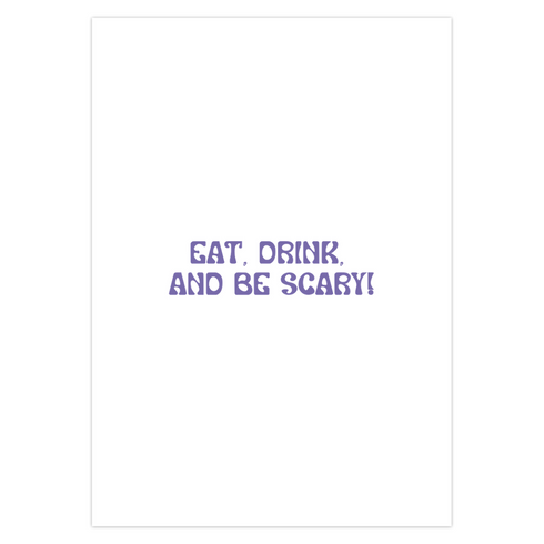 Holiday card with pink background featuring cartoon ghosts. Main ghost wears purple Santa hat. Text reads "WISHING YOU A HAUNTED HOLIDAY" in colorful, playful font. Overall cute and spooky design blending Halloween and Christmas themes. Inside message: "Eat, Drink, and Be Scary.