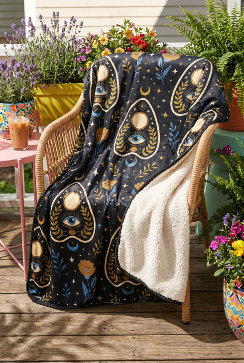 A rectangular velveteen minky blanket featuring a repeating dark academia pattern on a deep black background. The design includes gold and cream Ouija planchettes, each containing a blue all-seeing eye, a cream circle, and a light blue crescent moon framed by botanical leaves. Scattered between the planchettes are gold flowers with light blue stems, additional crescent moons, and small four-point stars. The reverse side of the blanket is made of a fluffy, textured off-white sherpa fleece.