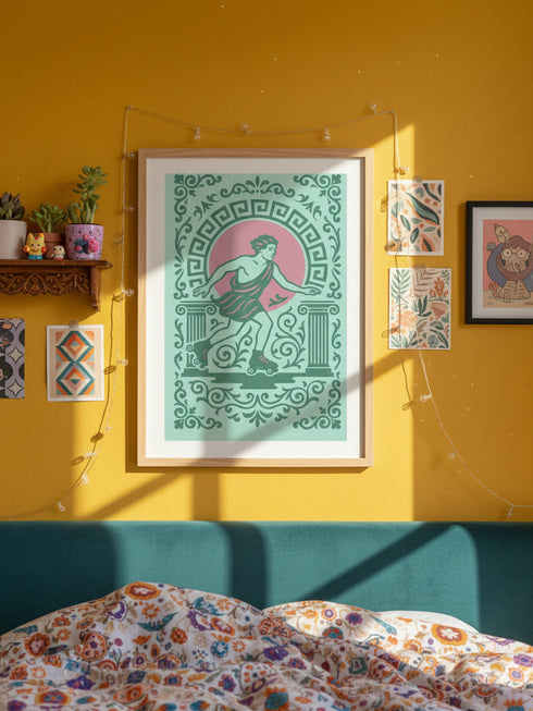 A stylized graphic illustration featuring a classical Greek male figure, resembling Hermes, wearing a flowing maroon toga and retro quad roller skates. The artwork is framed by intricate mint green Greek key meander patterns, architectural columns, and ornamental filigree scrolls. The color palette features soft pastels including mint green, dusty rose pink, and deep teal, creating a nostalgic 1970s aesthetic mixed with classical mythology and ancient art styles.