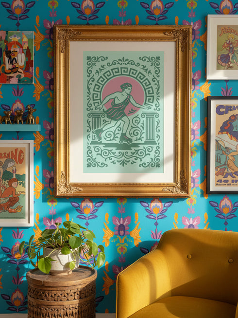 A stylized graphic illustration featuring a classical Greek male figure, resembling Hermes, wearing a flowing maroon toga and retro quad roller skates. The artwork is framed by intricate mint green Greek key meander patterns, architectural columns, and ornamental filigree scrolls. The color palette features soft pastels including mint green, dusty rose pink, and deep teal, creating a nostalgic 1970s aesthetic mixed with classical mythology and ancient art styles.