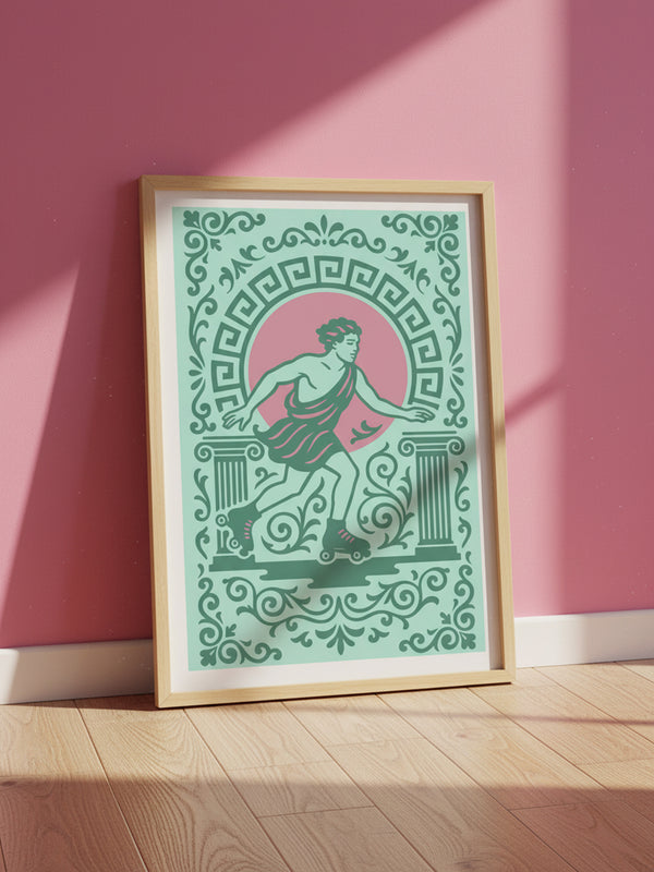 A stylized graphic illustration featuring a classical Greek male figure, resembling Hermes, wearing a flowing maroon toga and retro quad roller skates. The artwork is framed by intricate mint green Greek key meander patterns, architectural columns, and ornamental filigree scrolls. The color palette features soft pastels including mint green, dusty rose pink, and deep teal, creating a nostalgic 1970s aesthetic mixed with classical mythology and ancient art styles.
