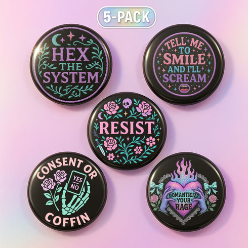 Set of five 2.25-inch round button pins featuring feminist and witchy designs with pastel artwork on a black background. Includes slogans like “Hex the System,” “Tell Me to Smile and I’ll Scream,” “Romanticize Your Rage,” “Consent or Coffin,” and “Resist.” Each button has a safety pin backing, a durable tinplate body, and a glossy, scratch and UV-resistant finish with purple, pink, teal, and mint accents.
