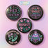 Set of five 2.25-inch round button pins featuring feminist and witchy designs with pastel artwork on a black background. Includes slogans like “Hex the System,” “Tell Me to Smile and I’ll Scream,” “Romanticize Your Rage,” “Consent or Coffin,” and “Resist.” Each button has a safety pin backing, a durable tinplate body, and a glossy, scratch and UV-resistant finish with purple, pink, teal, and mint accents.