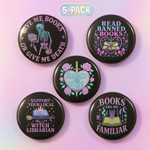 Five glossy 2.25-inch round pinback buttons with pastel punk book-themed designs. Each pin features a different bold phrase like “Read or Die,” “Books Are My Familiar,” and “Give Me Books or Give Me Death,” in pink, purple, and teal colors. Made of tinplate with a safety pin back and glossy scratch-resistant coating.