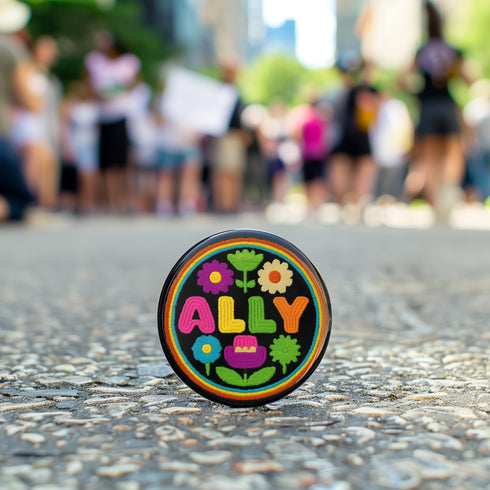 Vibrant ALLY pinback button featuring 70s-style embroidered flowers and lettering in pink, yellow, green, and blue against a black background, surrounded by a rainbow border. A colorful statement accessory combining punk activism and retro flower power aesthetics for backpacks, jackets, and protest wear.
