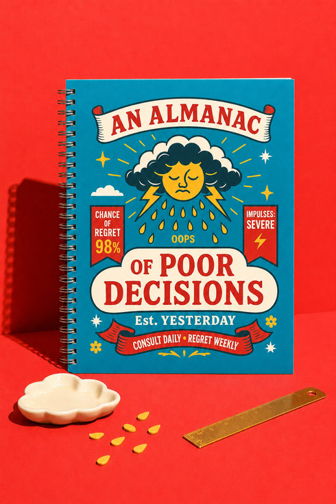A spiral-bound hardcover planner featuring a retro-style teal cover with the text "An Almanac of Poor Decisions" in bold red and cream typography. The cover includes a grumpy cloud raining down lightning bolts, alongside stars, flowers, and vintage banners. The interior reveals crisp white pages with a 2026 to 2027 year-at-a-glance spread, plus clean, minimalist, completely undated monthly and weekly calendar grids with dedicated sections for writing daily to-do lists and random notes.